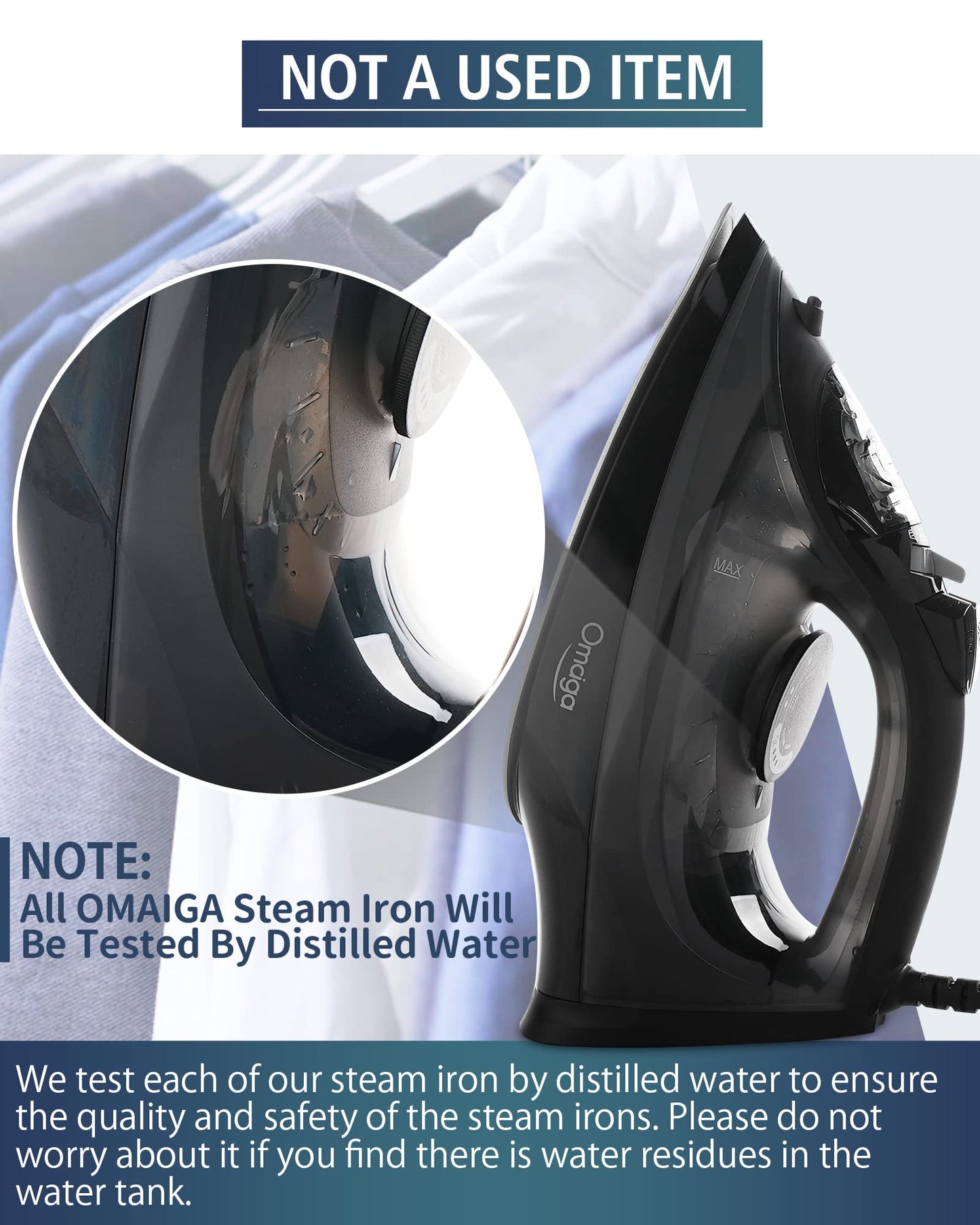 OMAIGA Steam Iron for Clothes, 1500W Iron with Rapid Heating, Non-Stick Ceramic Soleplate, Burst of Steam, Self-Cleaning, Auto-Off, Anti-Drip, 11.84oz Water Tank Ironing Clothes for Home, Black