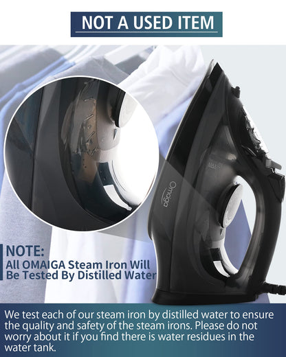 OMAIGA Steam Iron for Clothes, 1500W Iron with Rapid Heating, Non-Stick Ceramic Soleplate, Burst of Steam, Self-Cleaning, Auto-Off, Anti-Drip, 11.84oz Water Tank Ironing Clothes for Home, Black