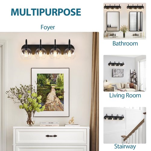 Dpyrrhic Industrial Bathroom Vanity Light， 4-Light Bathroom Lights Over Mirror with Clear Glass Globe Shade and Metal Base, Matte Black Bathroom Vanity Light Fixture