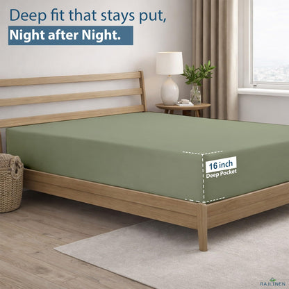 Rajlinen 100% Cotton Queen Sheets Set, Cooling & Breathable Bed Sheets, 16 Inch Deep Pocket Fitted Sheet with All-Around Elastic, Soft & Durable Bedding Set, Sage Solid