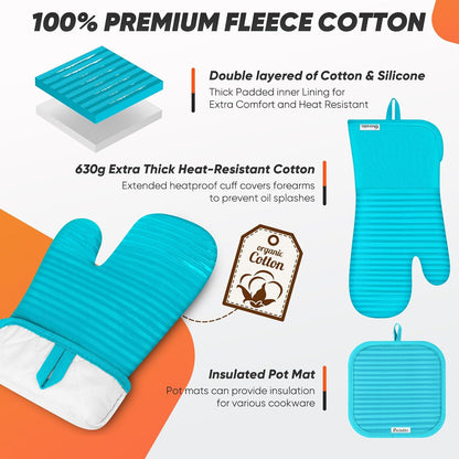 Skiennix Oven Mitts Set - 500°F Heat Resistant with Silicone Grip | Includes 2 Gloves, 2 Potholders & 8 Towels