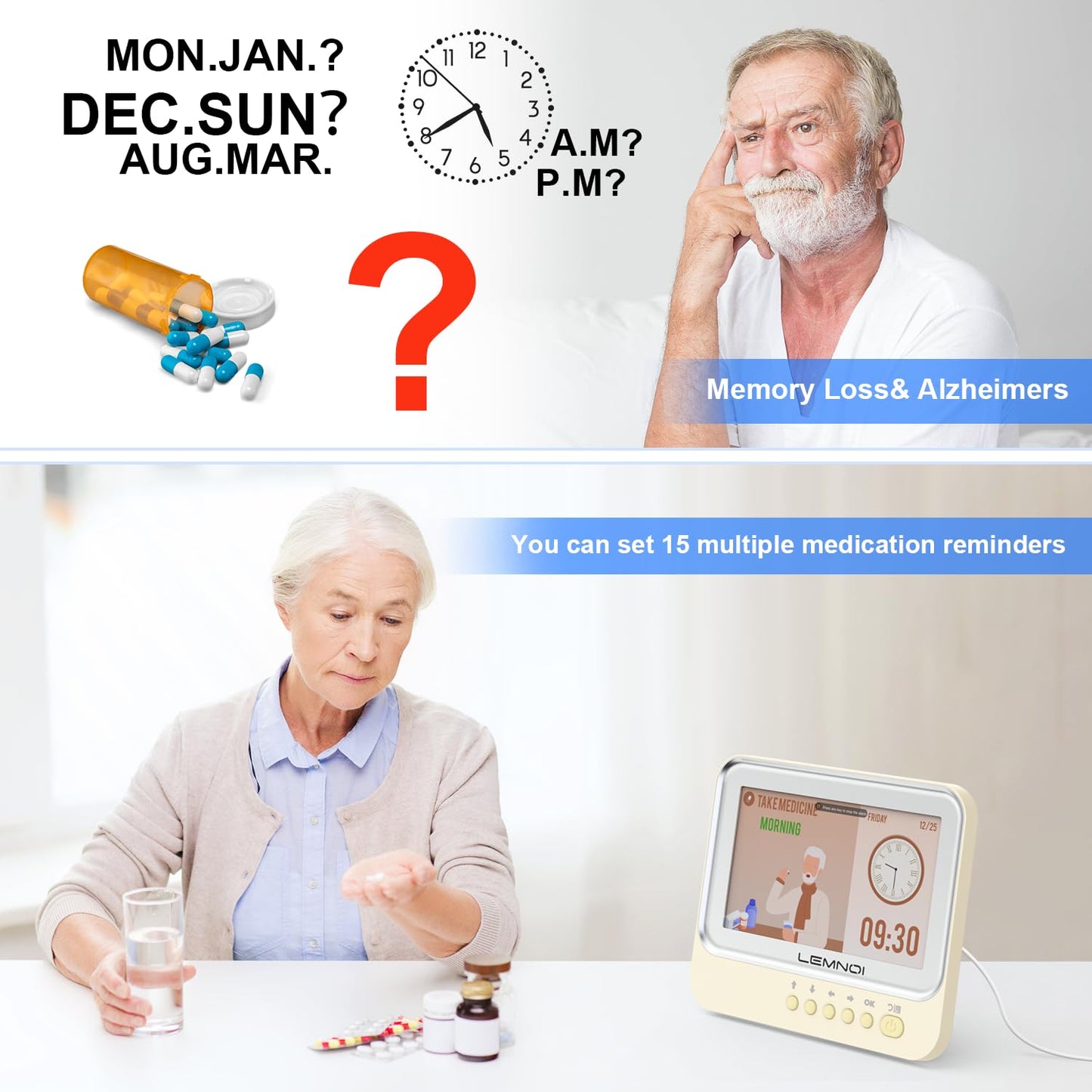 Lemnoi Dementia Clock,Digital Calendar Clock with Day and Date,Alzheimer's Calendar for Seniors Elderly Memory Loss, 15 Alarms 15 Medicine Reminders,Customizable Auto Dimmable,Auto DST(7in White)