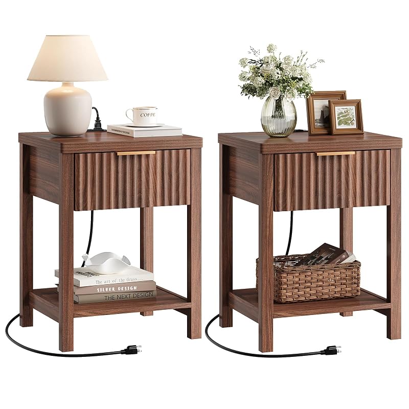 Walnut Fluted Nightstand Set 2 with Storage Drawer, 2 USB & 2 AC Outlets