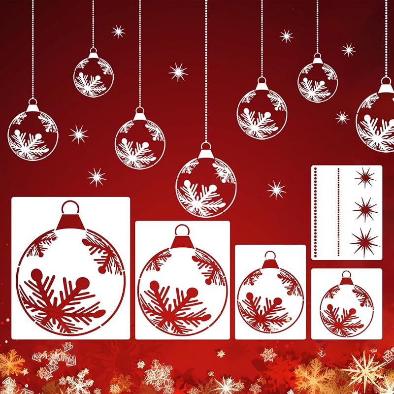 Christmas Window Stencils for Glass – 5 Pcs Snowflake Design, Reusable PET Stencils (Variation: Christmas Snowflake Bauble)