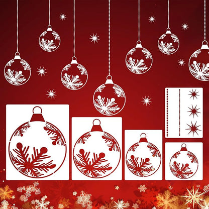 Christmas Window Stencils for Glass – 5 Pcs Snowflake Design, Reusable PET Stencils (Variation: Christmas Snowflake Bauble)