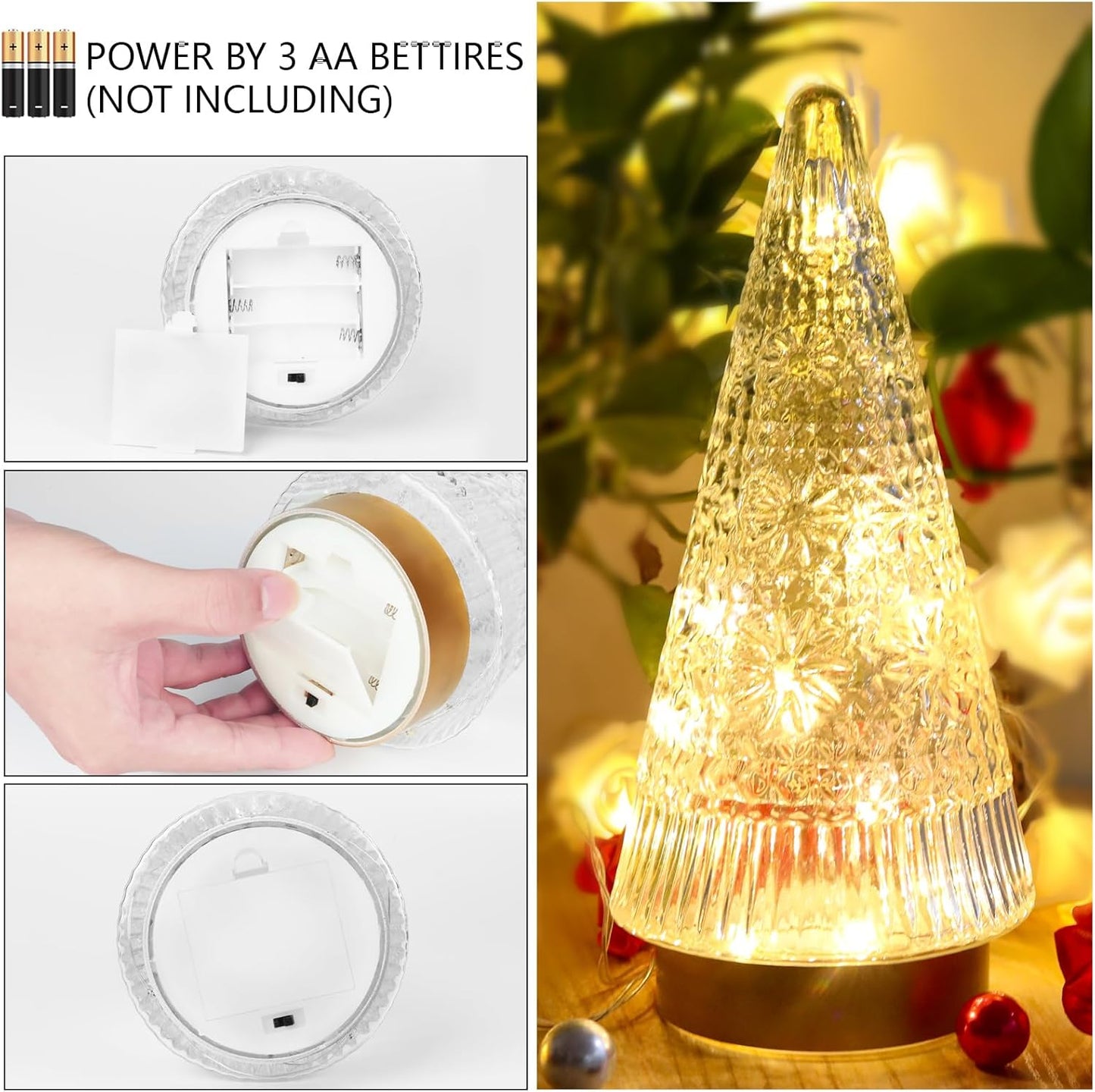 Regine Switzerland Glass Christmas Tree - Small Gold Sparkling LED Light Tabletop Centerpiece