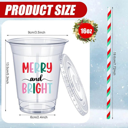 12 oz Christmas Cups with Red & Green Straw Pack of 50 - Disposable Plastic Cups with Lids, Jingmore Variation: Red and Green+12 Ounces