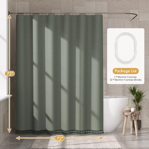 AmazerBath Boho Shower Curtains for Bathroom, Farmhouse Shower Curtain with Tassels, Sage Green Shower Curtain Set, Faux Linen Fabric Shower Curtain with 12 Hooks, Hotel Quality, 72x72 Inches