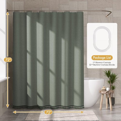 AmazerBath Boho Shower Curtains for Bathroom, Farmhouse Shower Curtain with Tassels, Sage Green Shower Curtain Set, Faux Linen Fabric Shower Curtain with 12 Hooks, Hotel Quality, 72x72 Inches