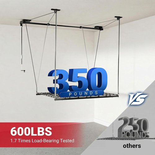 FLEXIMOUNTS GL1 Overhead Garage Storage Rack - Heavy-Duty 4x4 Ft Metal Ceiling Organizer | Adjustable, 350lbs Capacity, Black
