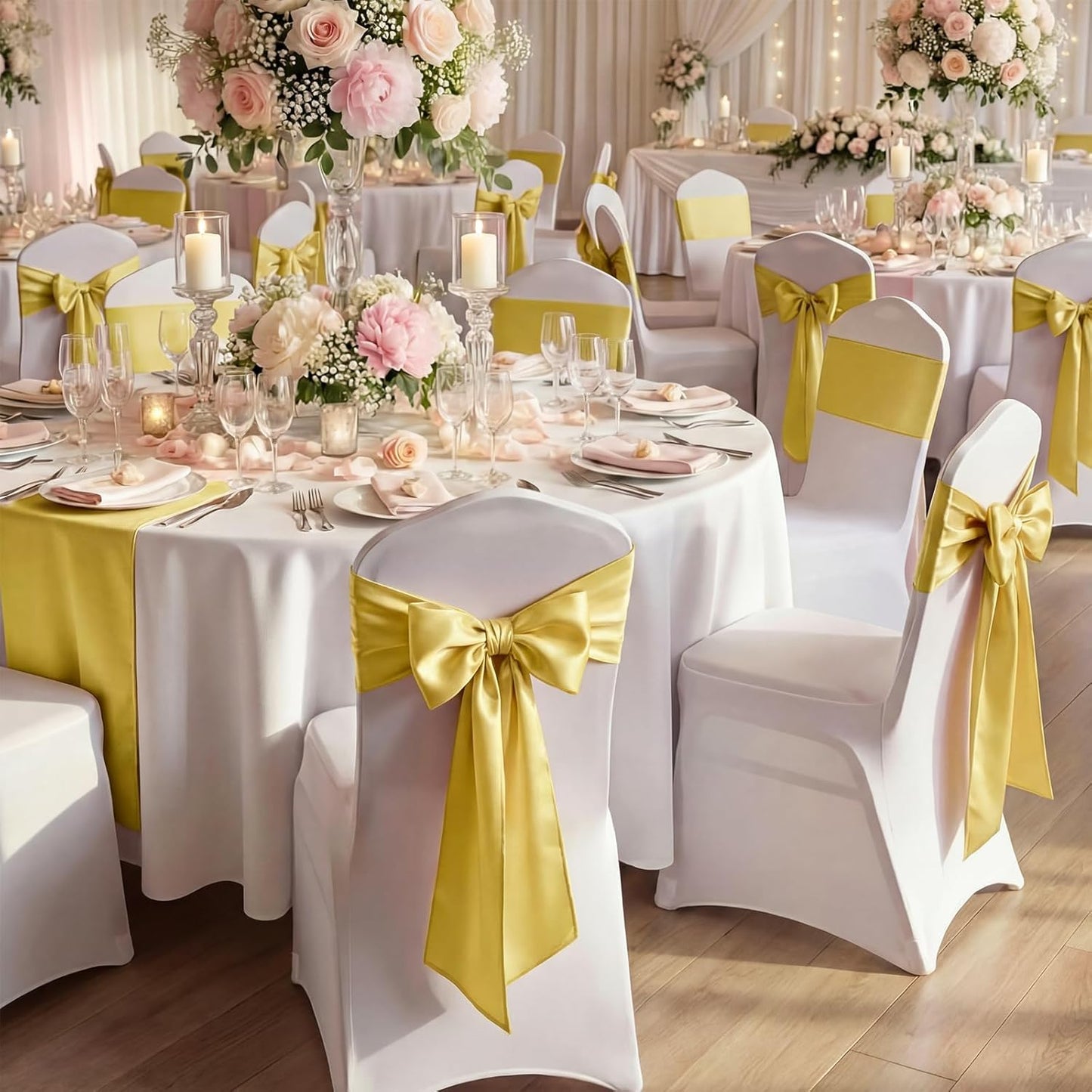 Skiennix Large Gold Satin Bow Decorations - 3 Pcs 2 FT Hanging Wall Decor for Weddings & Parties