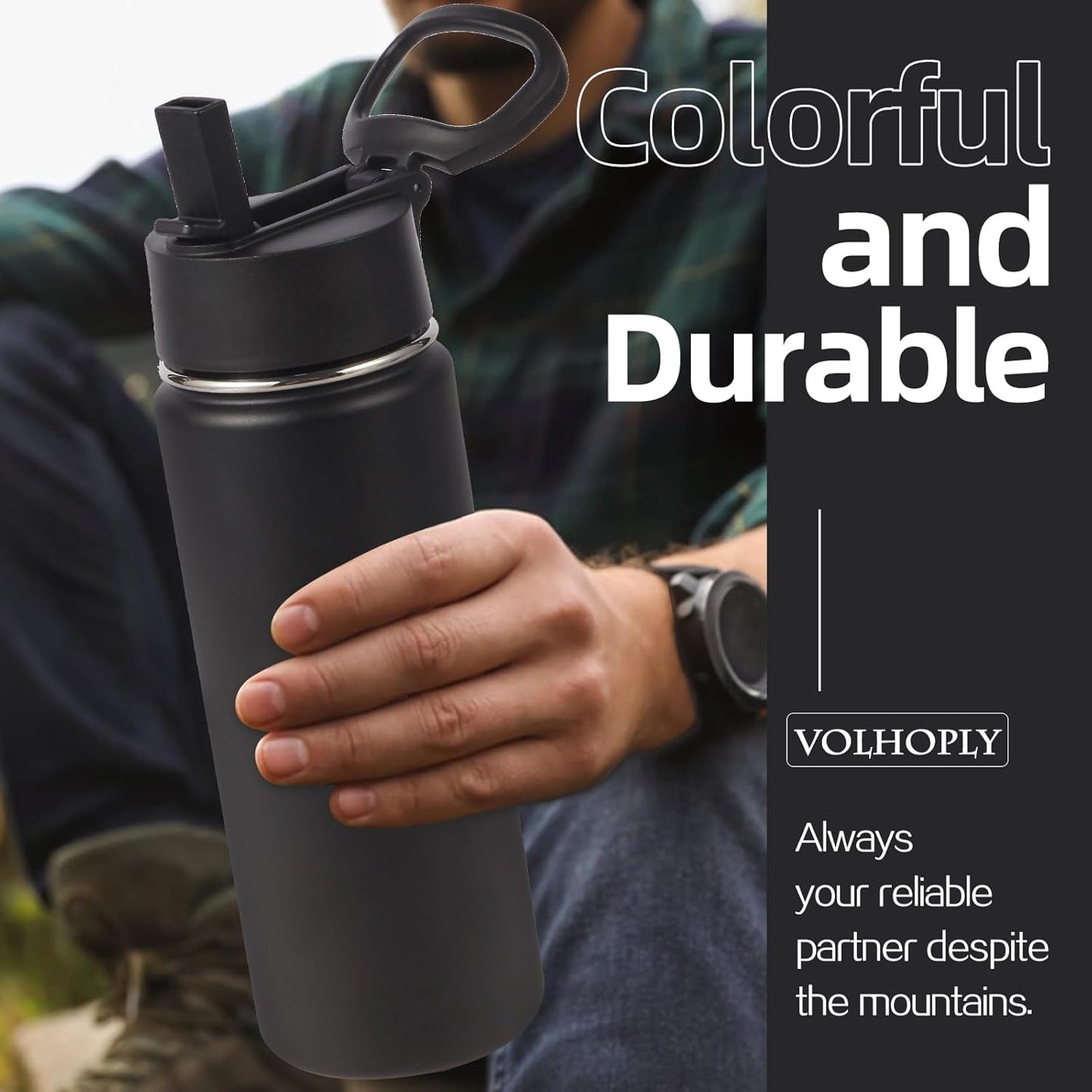 Volhoply 20oz Insulated Stainless Steel Water Bottle - Kids Wide Mouth with Straw Lid & Handle | Black