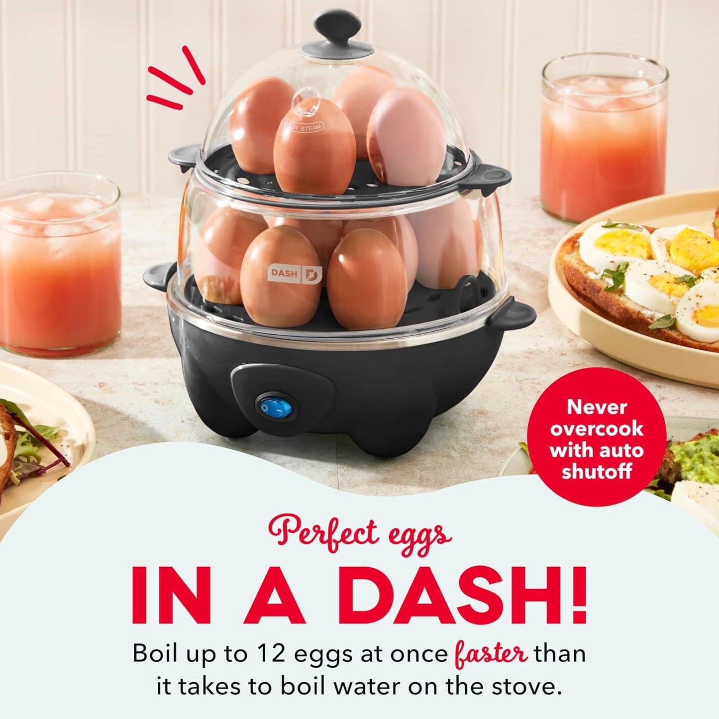 Dash Deluxe Egg Cooker - 3-in-1 Boiler, Poacher & Steamer - Holds 12 Eggs, Black | Dishwasher Safe & BPA Free
