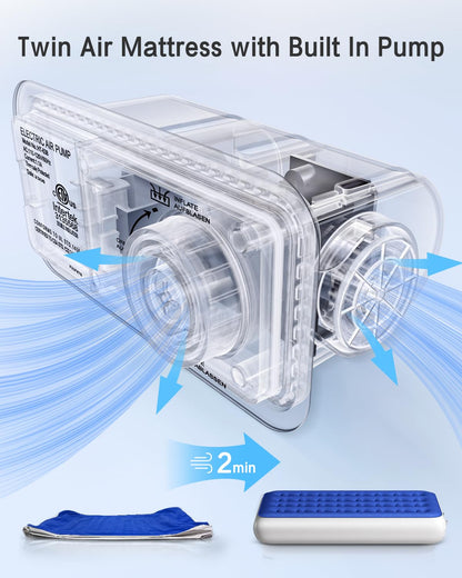 Xsleep Twin Air Mattress with Built in Pump Luxurious Comfort Raised Inflatable Mattress Twin Airbed Blow Up Mattress for Home and Guests 75"*39"*13" Air Bed 2 Minutes Fast Inflate/Deflate 330 lbs Max