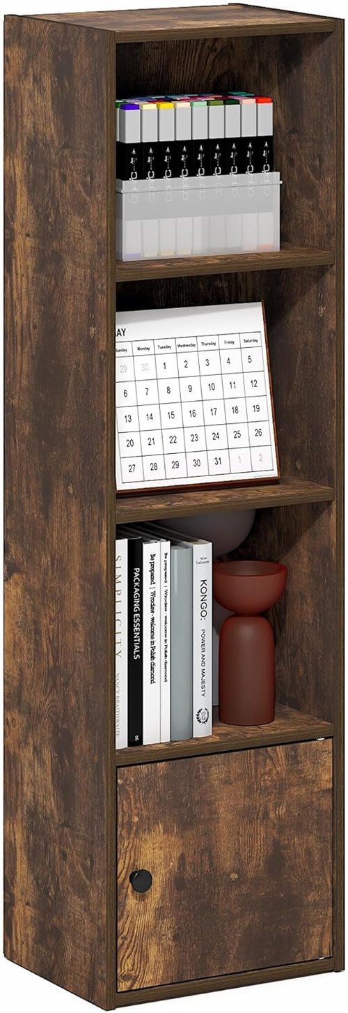 Furinno LUDER 4-Tier Bookshelf - Open Shelf & Door Cabinet for Organization | Amber Pine, 9.3 x 12 x 41.8