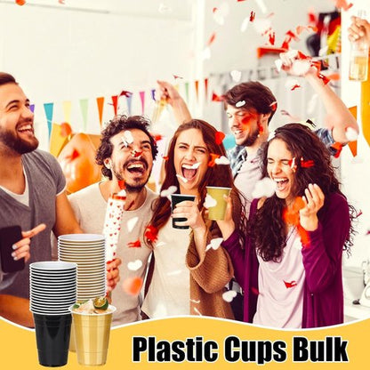 KesaPlan 100PCS 16 oz Black and Gold Disposable Plastic Cups - Perfect for Graduation, Weddings & Parties