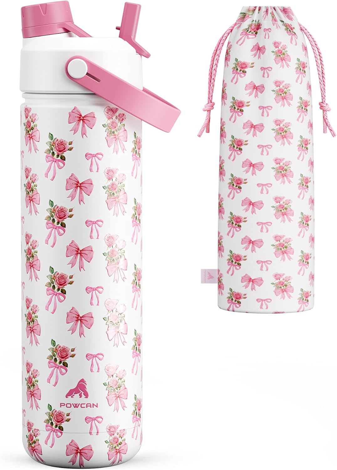 POWCAN Insulated Water Bottle - 26 oz Stainless Steel with 2-in-1 Straw & Spout Lid | Leak-Proof, Keeps Cold 24H, Fits Car Cup Holder (Rosy Bouquet)