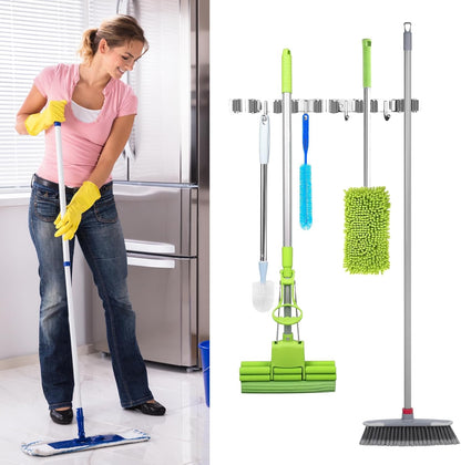UNIFUN Broom Holder Wall Mount - Heavy Duty Stainless Steel Organizer with 5 Racks & 4 Hooks | Grey