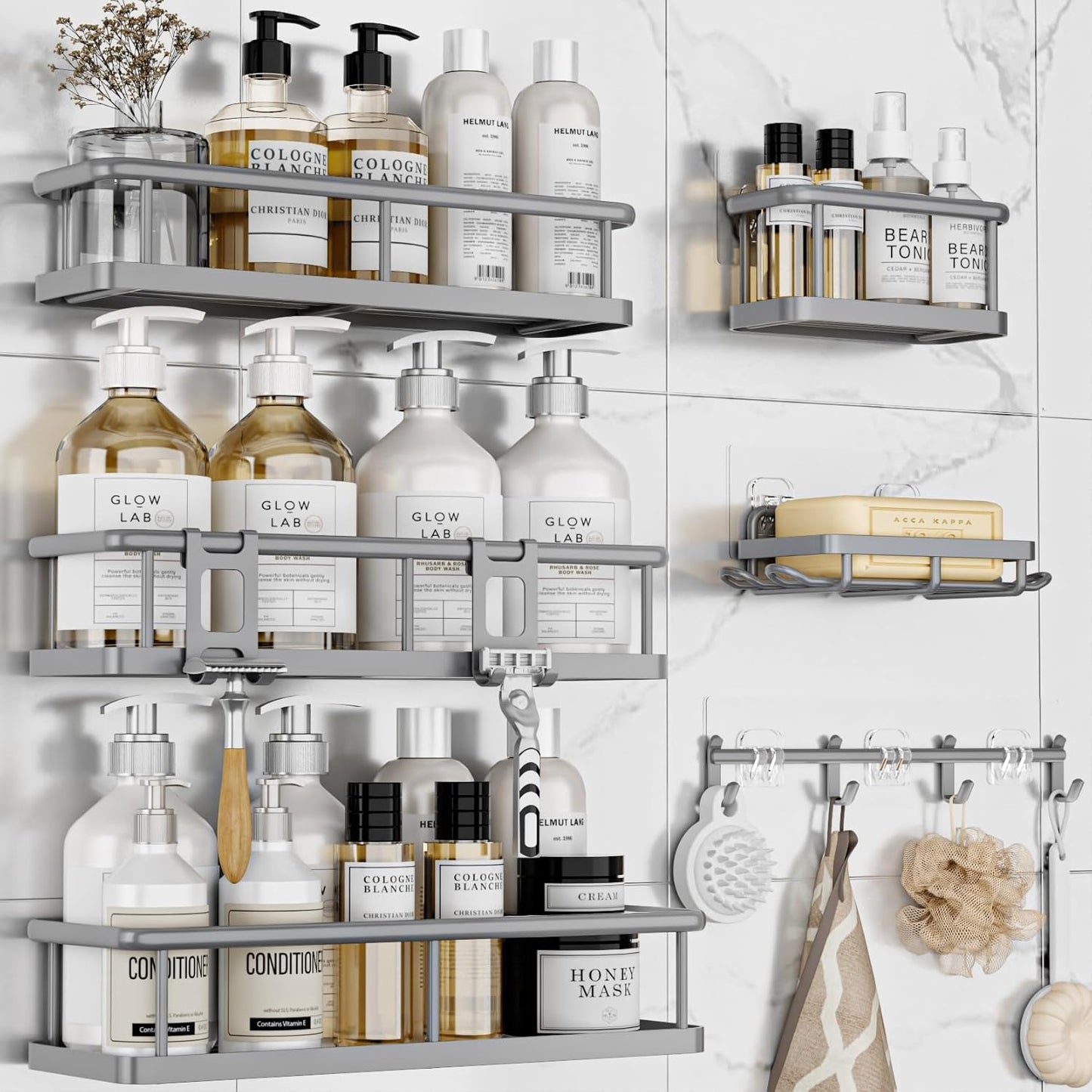 YASONIC Shower Caddy - 6 Pack Large Capacity Organizer with Soap Holder & 12 Hooks | Rustproof Grey Shelves