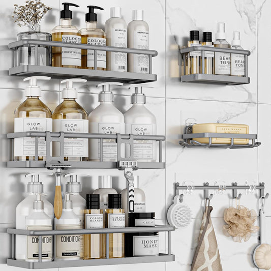 YASONIC Shower Caddy - 6 Pack Large Capacity Organizer with Soap Holder & 12 Hooks | Rustproof Grey Shelves