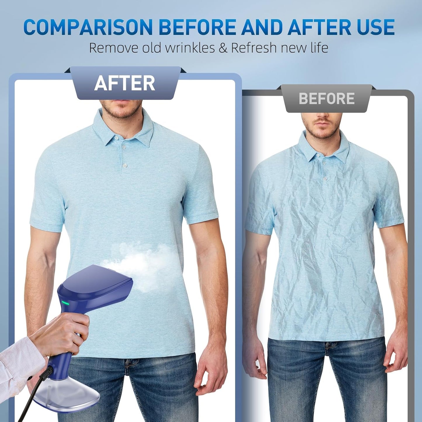 Skiennix Steamer for Clothes - 1800W Powerful Steam, Fast 20-Second Heat-Up, Detachable Tank - Blue