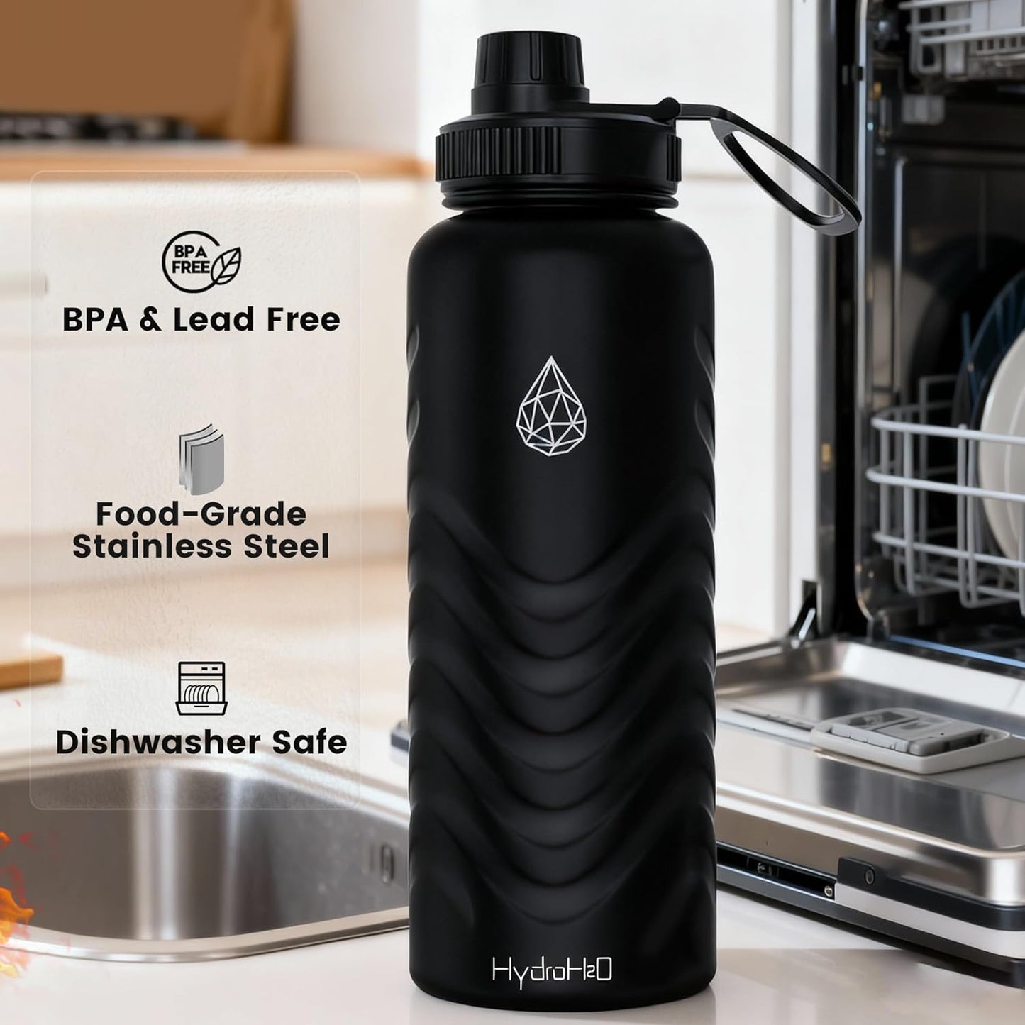 Skiennix 32oz Stainless Steel Insulated Water Bottle - 48H Cold & 24H Hot, Leak-Proof, BPA-Free | Black