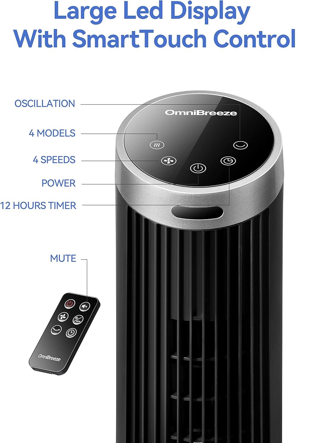 OmniBreeze Digital Electric Tower Fan, with Remote Control, LED Display, Standing Bladeless Floor Fans Cooling and Quite Indoor Living Room Bedroom use (36 Inch)…