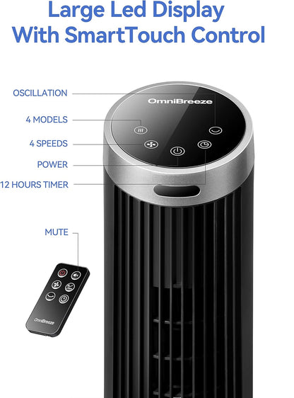 OmniBreeze Digital Electric Tower Fan, with Remote Control, LED Display, Standing Bladeless Floor Fans Cooling and Quite Indoor Living Room Bedroom use (36 Inch)…