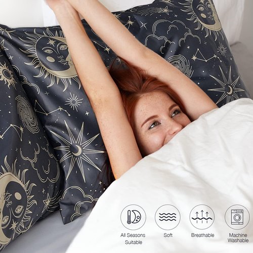 EXQ Home Satin Pillowcase Set - Black Printed Silk for Hair & Skin | Queen Size 20x30 inches - 2 Pack with Envelope Closure