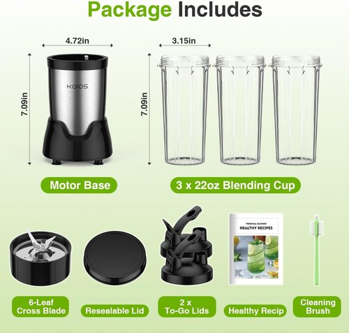 KOIOS Blender - Personal Smoothie Maker with 3 To-Go Cups | 22000 RPM, Detachable 6-Leaf Blade, Black