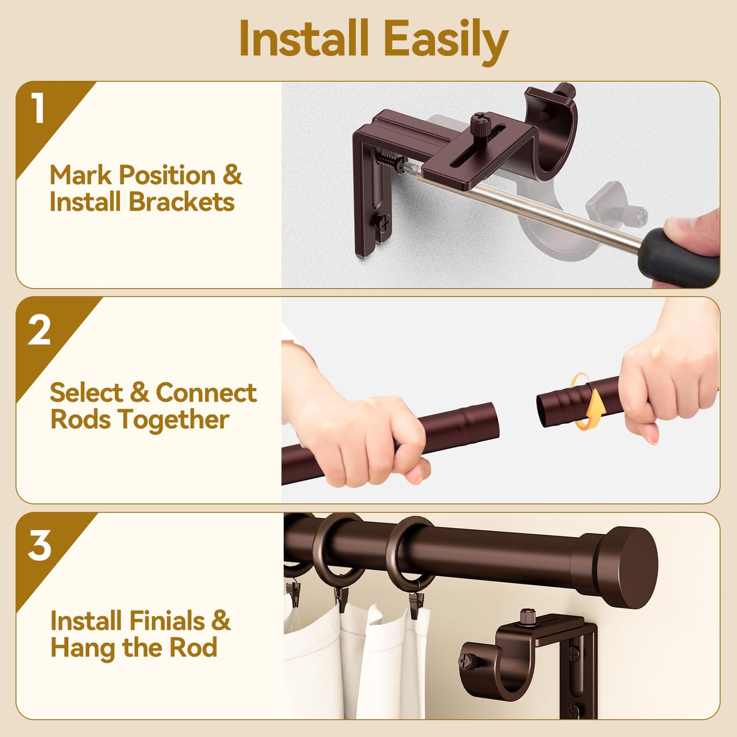 YaFex Curtain Rods 2 Pack 32-84 Inch, Heavy Duty 1 Inch Curtain Rod, Bronze Long Adjustable Window Treatment Rods, Modern Design, Easy Installation
