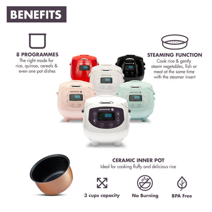 Reishunger Digital Mini Rice Cooker & Steamer, Mint with Keep-Warm Function & Timer - 3.5 Cups - Small Rice Cooker Japanese Style with Ceramic Inner Pot - 8 Programs - 1-3 People