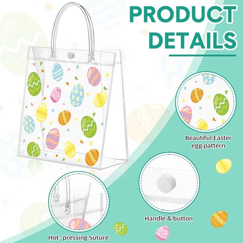 Hosuly 24 Pcs Easter Clear PVC Gift Bags with Handles Plastic Colorful Egg Favor Bags with Ribbon Easter Bunny Candy Goodie Handbags for Spring Birthday Party Supplies, 7.8 x 7.8 x 3.1 Inch