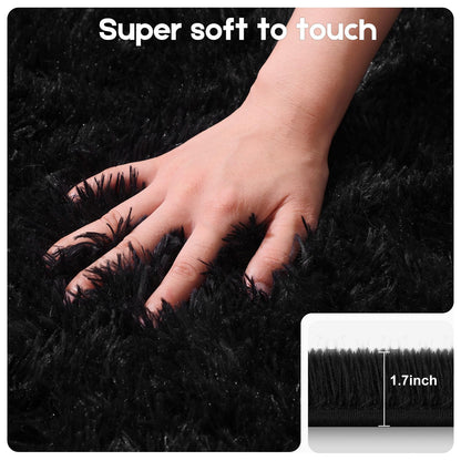 Mhyup 2x3 Black Rug for Bedroom Living Room, Fluffy Small Area Rug Soft Shag Carpet for Kids Boys and Girls Room with 4 Rugs Non-Slip Stickers Dorm Home Decor (2ft x 3ft)