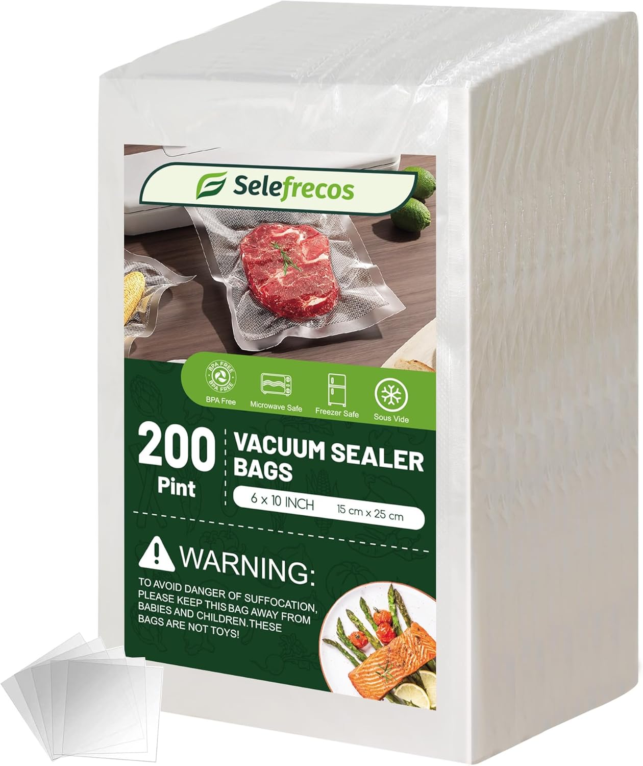 Skiennix Vacuum Sealer Bags - Heavy Duty BPA-Free 6 x 10 Inch for Food Storage | 200 Pint Capacity