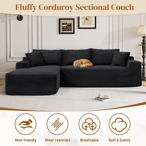 Repantes 95" L Shaped Boneless Sectional Couches, Wide Armrest, Deep Seat, Memory Foam, Assembly Free, Modern Comfy Corduroy Fluffy Cloud Sofa with Left Chaise for Living Room, Small Spaces, Black