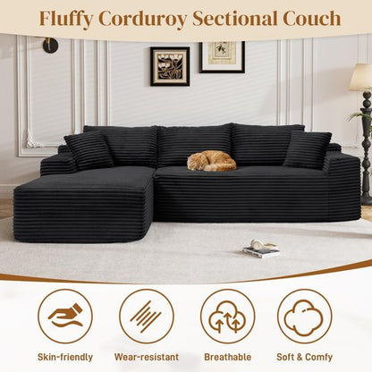 Repantes 95" L Shaped Boneless Sectional Couches, Wide Armrest, Deep Seat, Memory Foam, Assembly Free, Modern Comfy Corduroy Fluffy Cloud Sofa with Left Chaise for Living Room, Small Spaces, Black