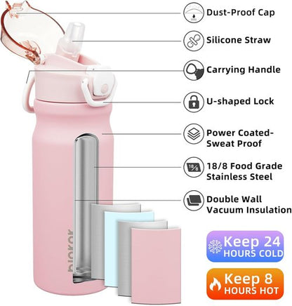 BJPKPK Insulated Water Bottle - 18oz Stainless Steel Flask with Straw & Leak-Proof Lid | Light Pink