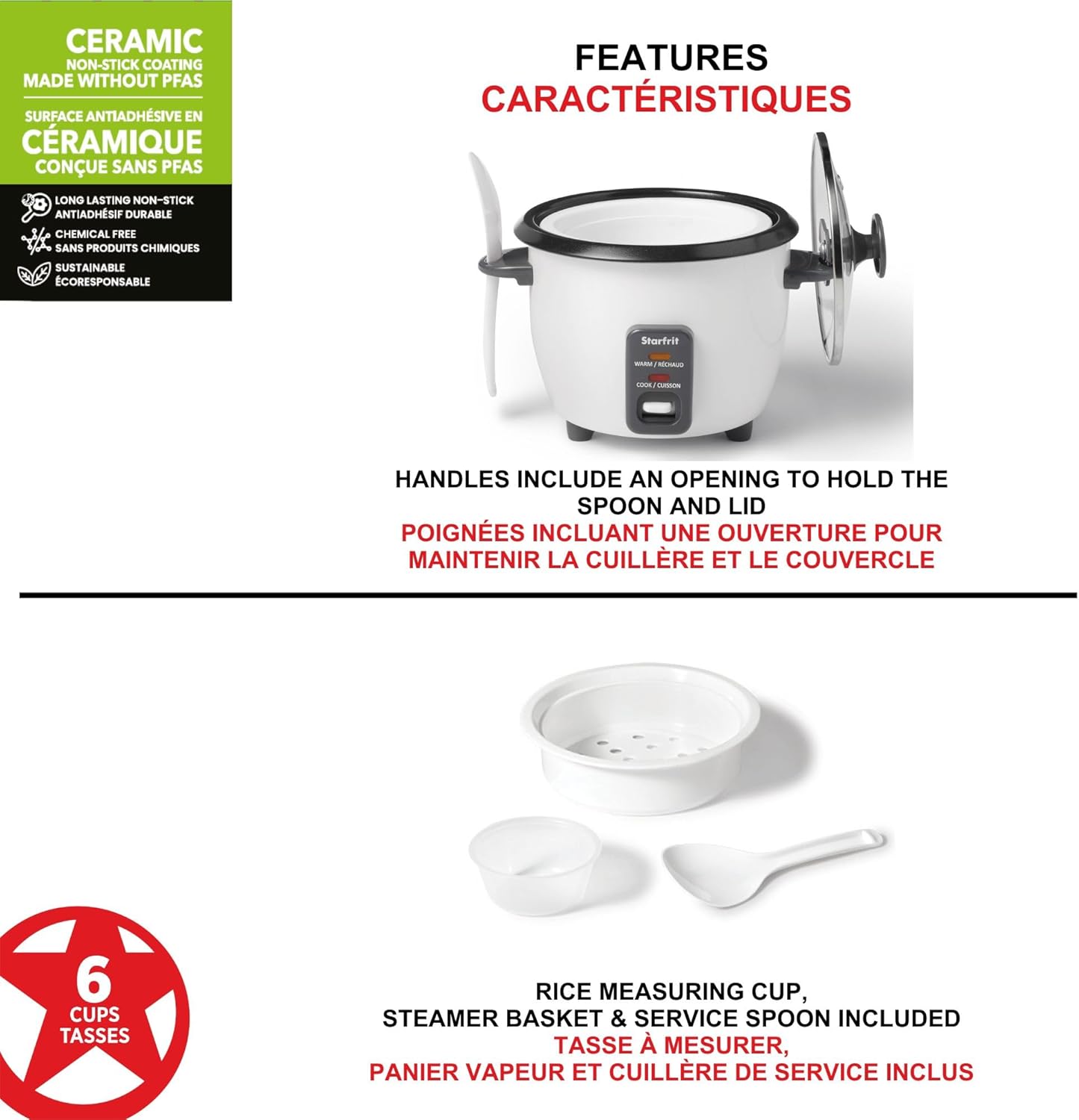 Starfrit Electric Rice Cooker - 6-Cup Capacity | Includes Steamer Basket & Measuring Cup - 300W Power