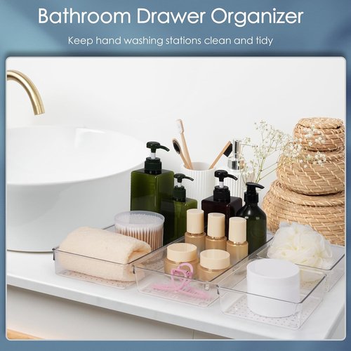 Clear Plastic Drawer Organizer Set by [Brand Name] - 12 Pack Non-Slip Storage Bins for Makeup, Kitchen & Office