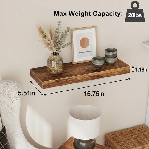 Fixwal Wood Floating Shelves - Set of 4 Rustic Brown Wall Decor with Invisible Brackets | Ideal for Bathroom, Living Room, Bedroom, Kitchen