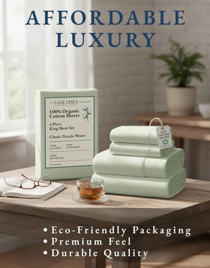 LANE LINEN 100% Organic Cotton King Bed Sheet Set, Bedsheets 4Pc Soft Cooling Fully Elasticized Mercerised All Season Sustainably Produced Cotton Sheets King Size, Oeko Tex Sheets - Mineral