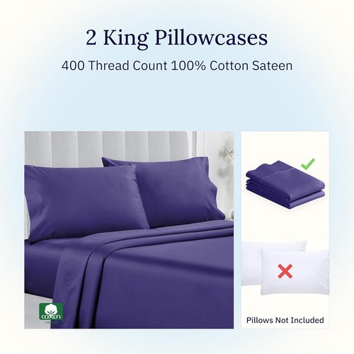 California Design Den King Size Pillowcase Set - 400 Thread Count 100% Cotton Sateen | Soft Dark Purple, Set of 2