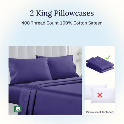 California Design Den King Size Pillowcase Set - 400 Thread Count 100% Cotton Sateen | Soft Dark Purple, Set of 2
