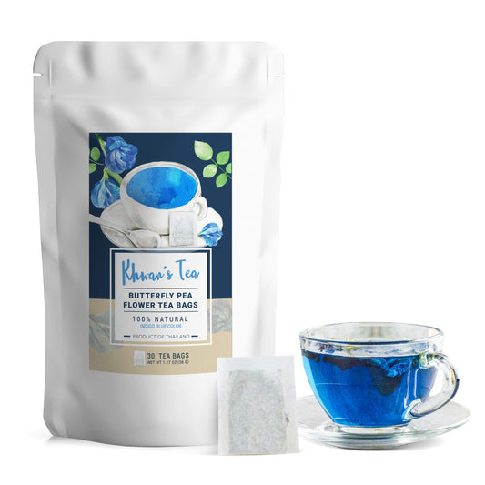 KHWAN'S TEA Pure Butterfly Pea Flower Tea 30 Bags, Blue Clitoria Ternate Flower Herbal Loose Leaf Tea, Origin in Thailand