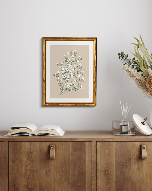 Framed White Flower Canvas Print - Minimalist Botanical Artwork with Gold Bamboo Frame | 11x14