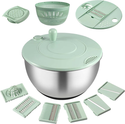 Salad Spinner Stainless Steel - 5.3 Qt Large Vegetable & Fruit Washer with 5 Blade Slicer