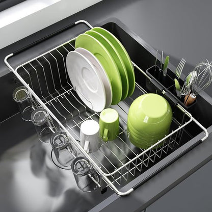 JASIWAY Expandable Stainless Steel Dish Drying Rack - In-Sink Design with Utensil Holder | Silver Finish