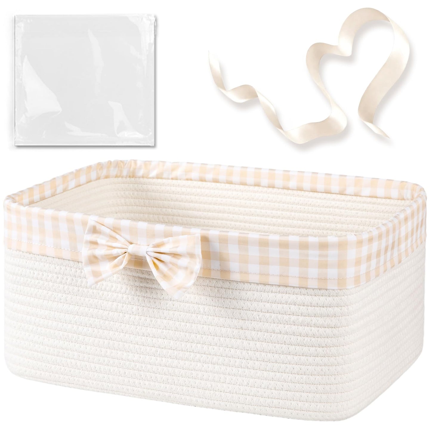OIASKET Basket for Gifts Empty, Large Gift Basket 19L with Gift Bag and Ribbon, Woven Cotton Basket for Baby Showers, Birthday, Wedding, Easter, 15.35"x11.42"x6.69", White and Cream