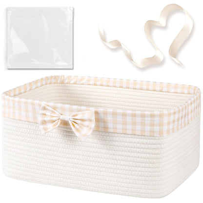 OIASKET Basket for Gifts Empty, Large Gift Basket 19L with Gift Bag and Ribbon, Woven Cotton Basket for Baby Showers, Birthday, Wedding, Easter, 15.35"x11.42"x6.69", White and Cream